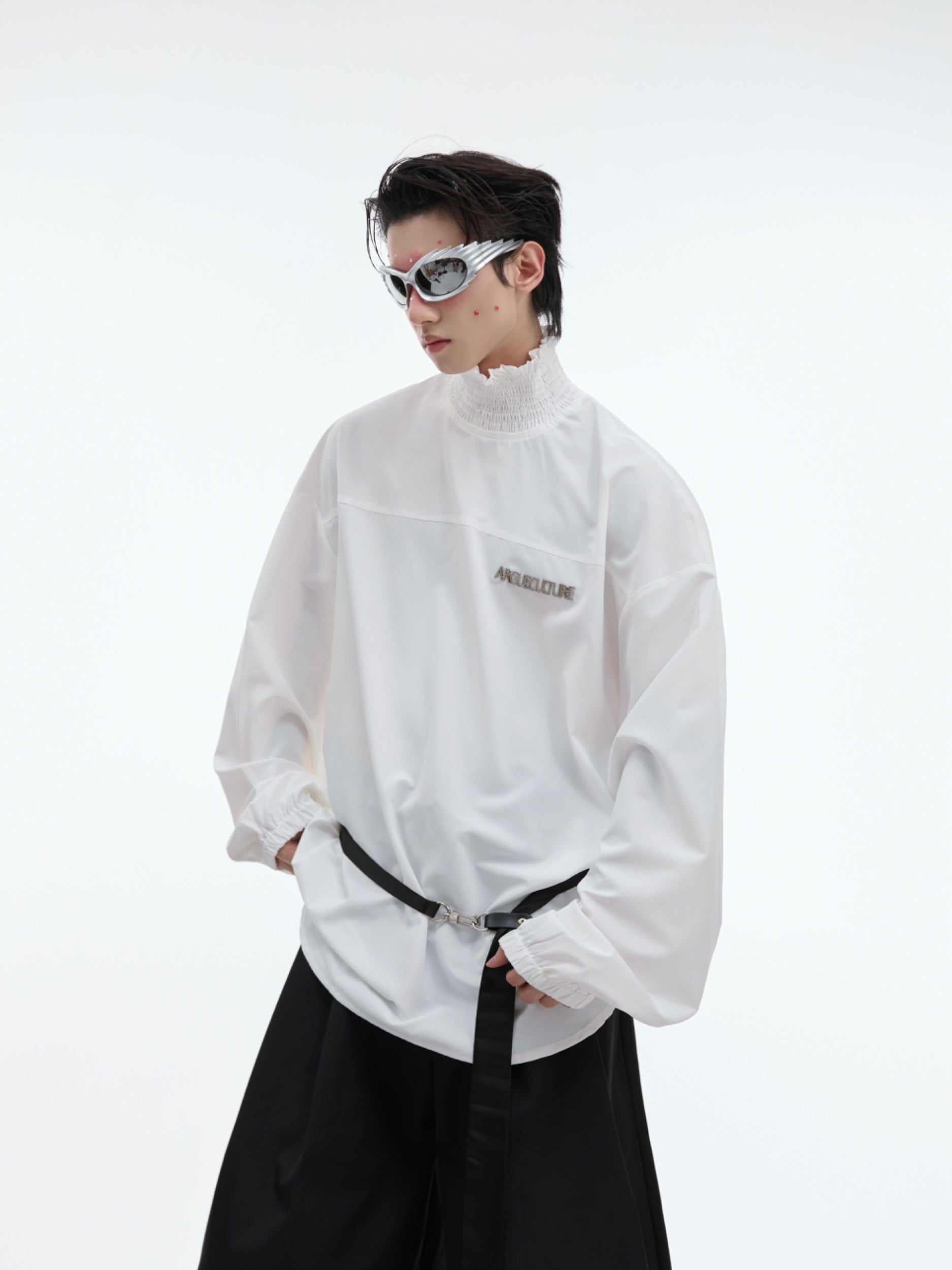 【24s Oct.】High Collar Pleated Loose Lace Shirt-IYAMIUIO