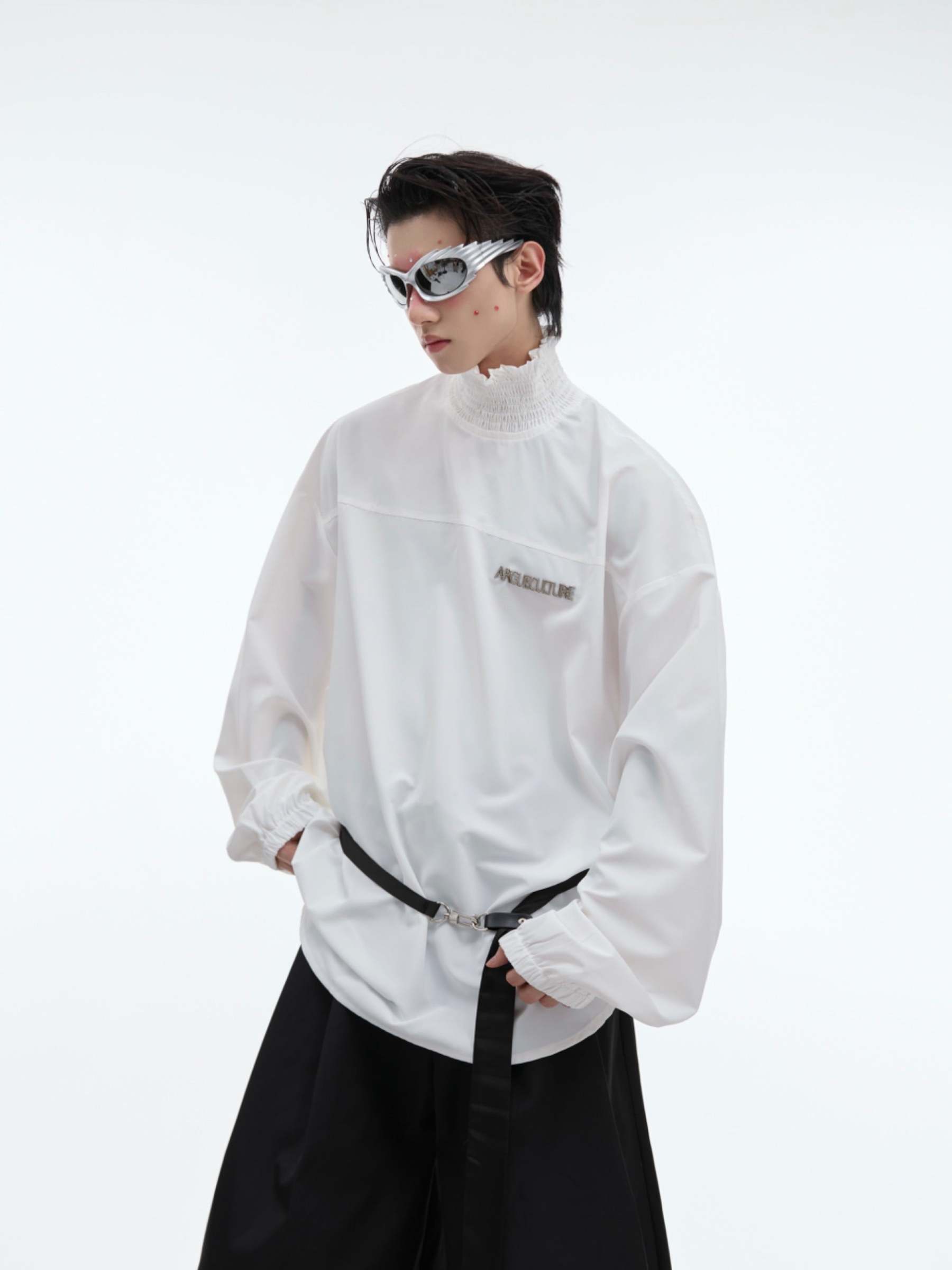 【24s Oct.】High Collar Pleated Loose Lace Shirt-IYAMIUIO