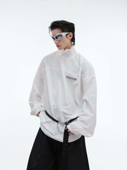 【24s Oct.】High Collar Pleated Loose Lace Shirt-IYAMIUIO