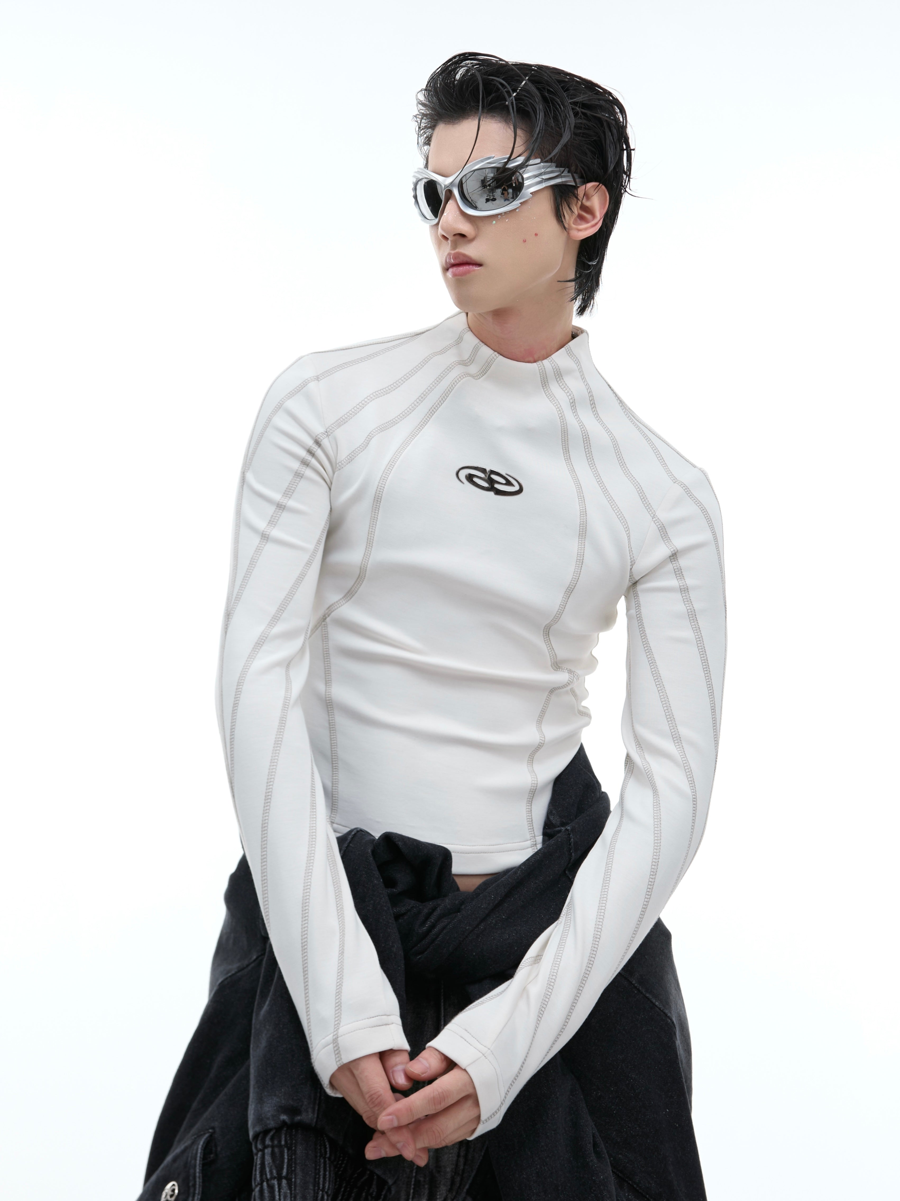 【24s Oct.】Topstitched Metallic Trim Slim-fit Turtleneck Top-IYAMIUIO