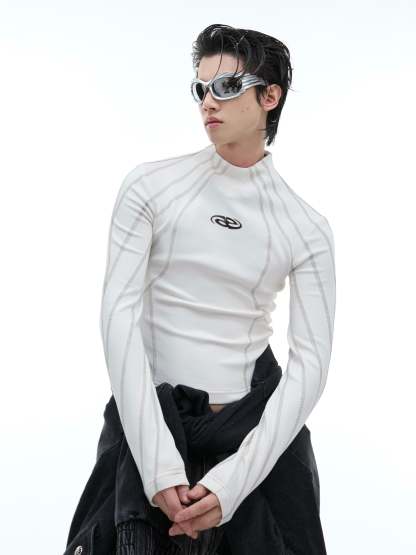 【24s Oct.】Topstitched Metallic Trim Slim-fit Turtleneck Top-IYAMIUIO