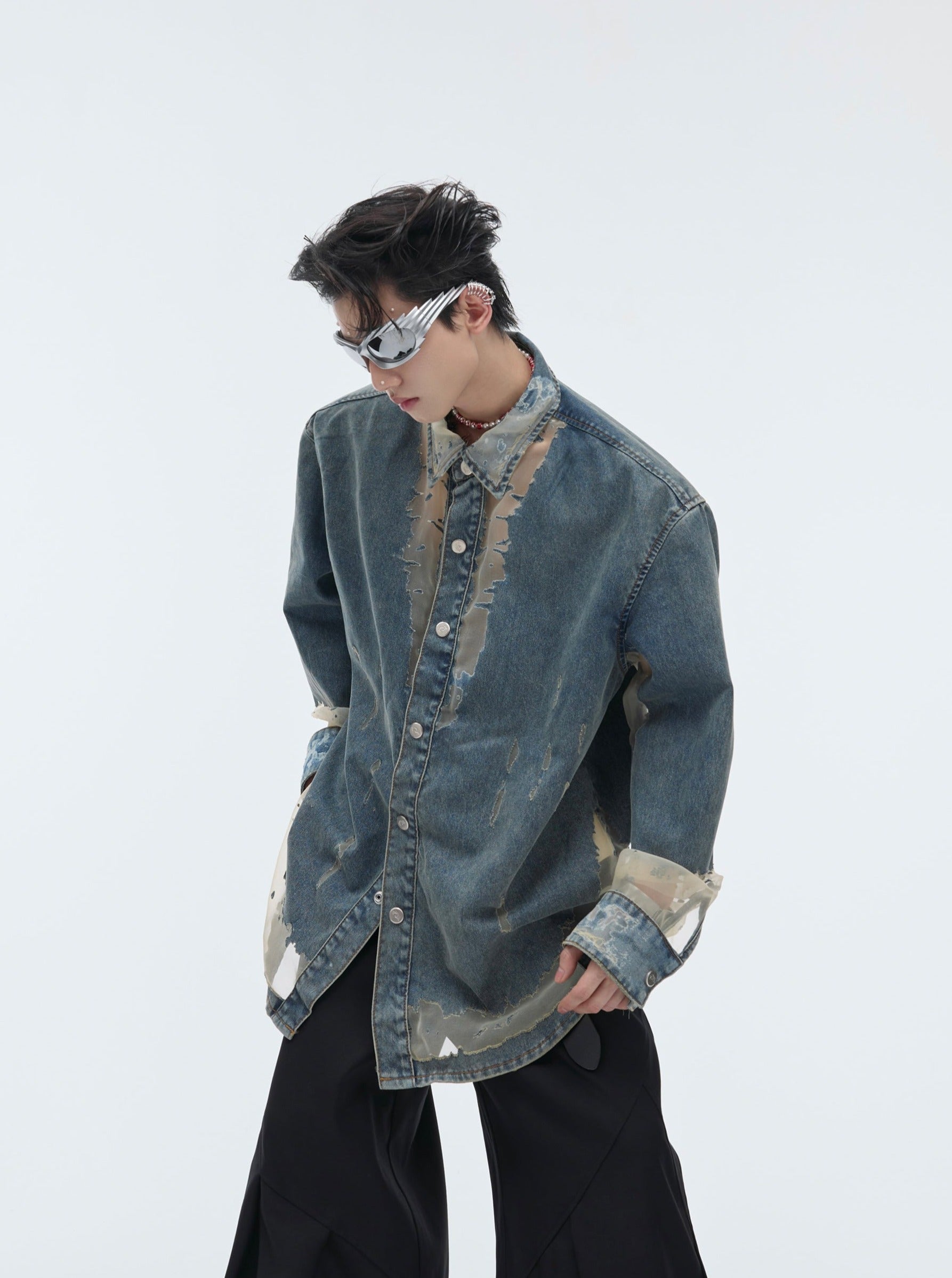 【24s April.】Mesh Hollow Design Denim Shirt-IYAMIUIO