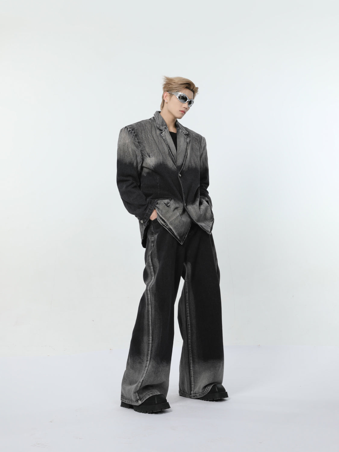 【24s March.】Black and Gray Gradient Distressed Denim Suit-IYAMIUIO
