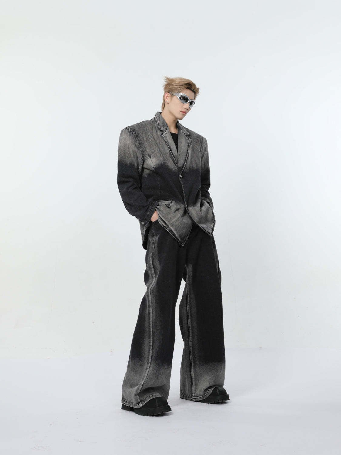 【24s March.】Black and Gray Gradient Distressed Denim Suit-IYAMIUIO