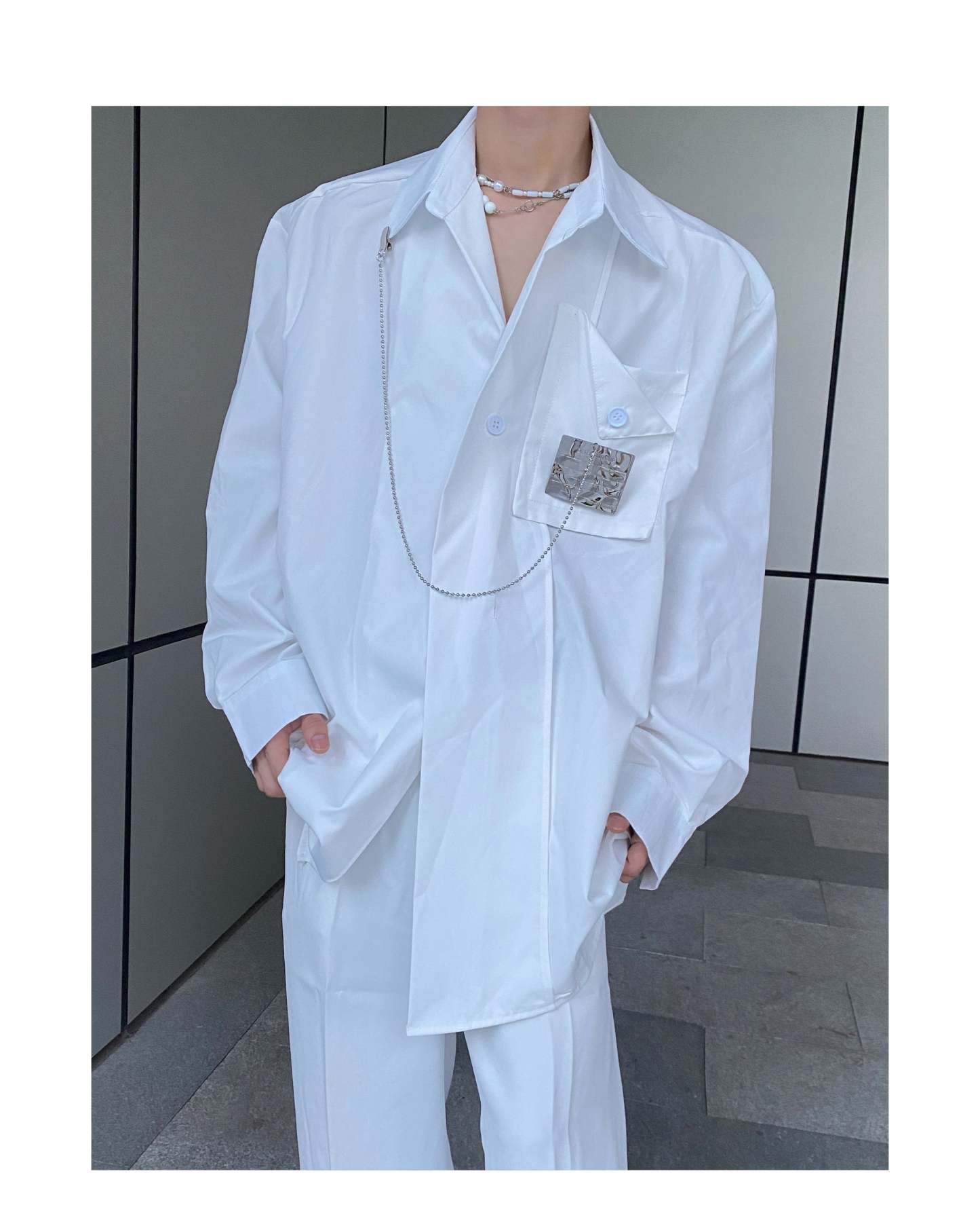 Men's Fashionable Long Sleeve White Shirt-IYAMIUIO