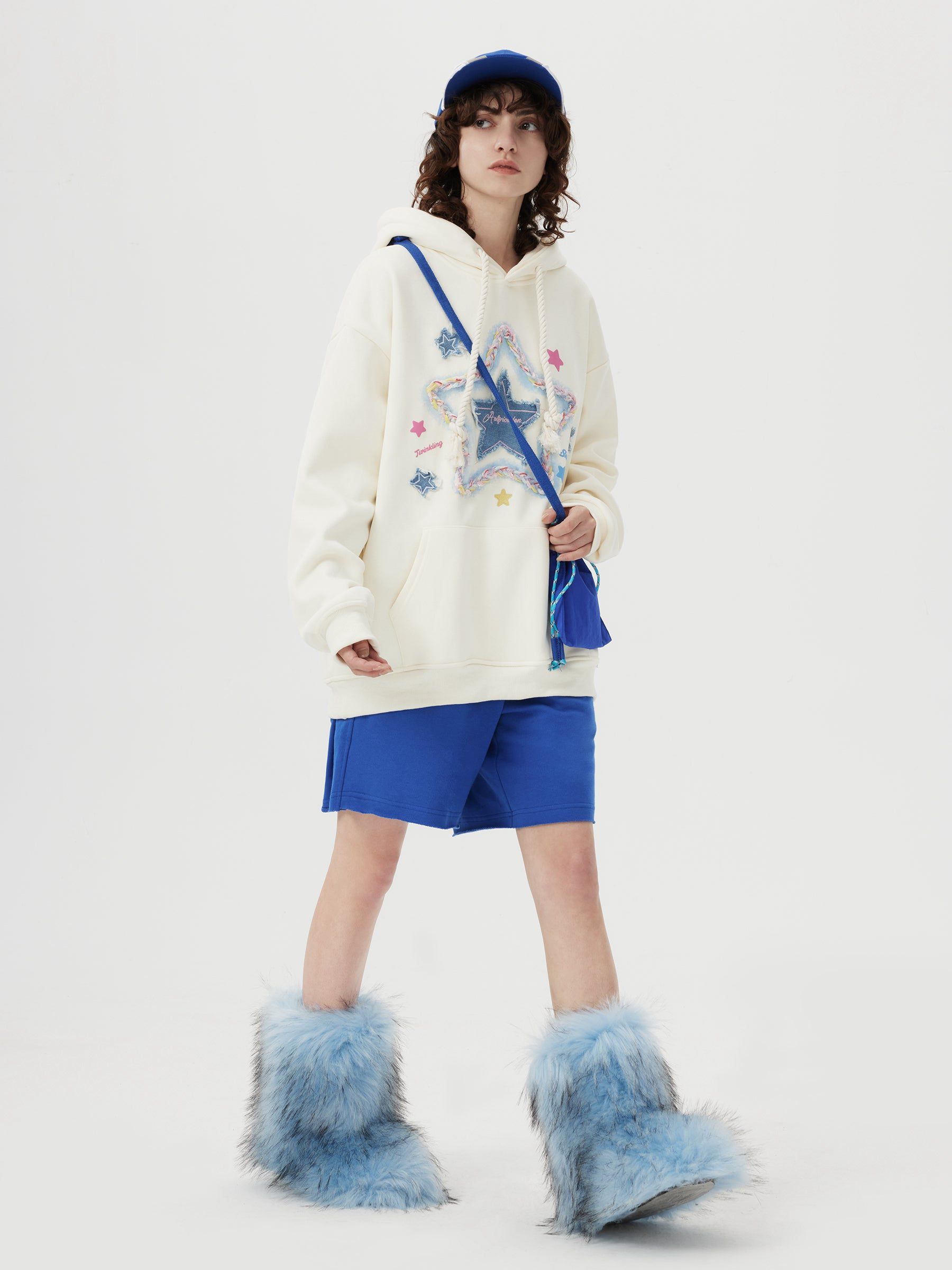 Aelfric Eden Denim Star Applique Embroidery Hoodie-IYAMIUIO