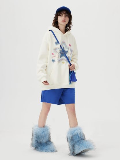 Aelfric Eden Denim Star Applique Embroidery Hoodie-IYAMIUIO