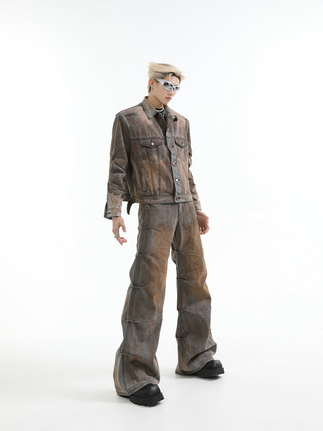 【24s Aug.】Mud-dyed Distressed Denim Shoulder Pad Jacket and Jeans Set-IYAMIUIO