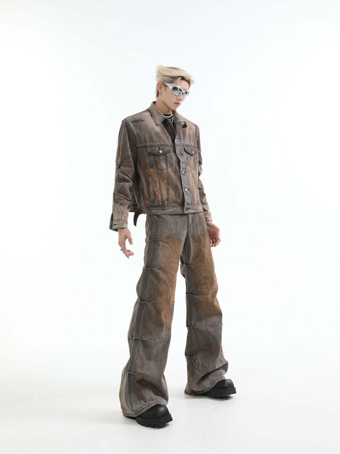 【24s Aug.】Mud-dyed Distressed Denim Shoulder Pad Jacket and Jeans Set-IYAMIUIO