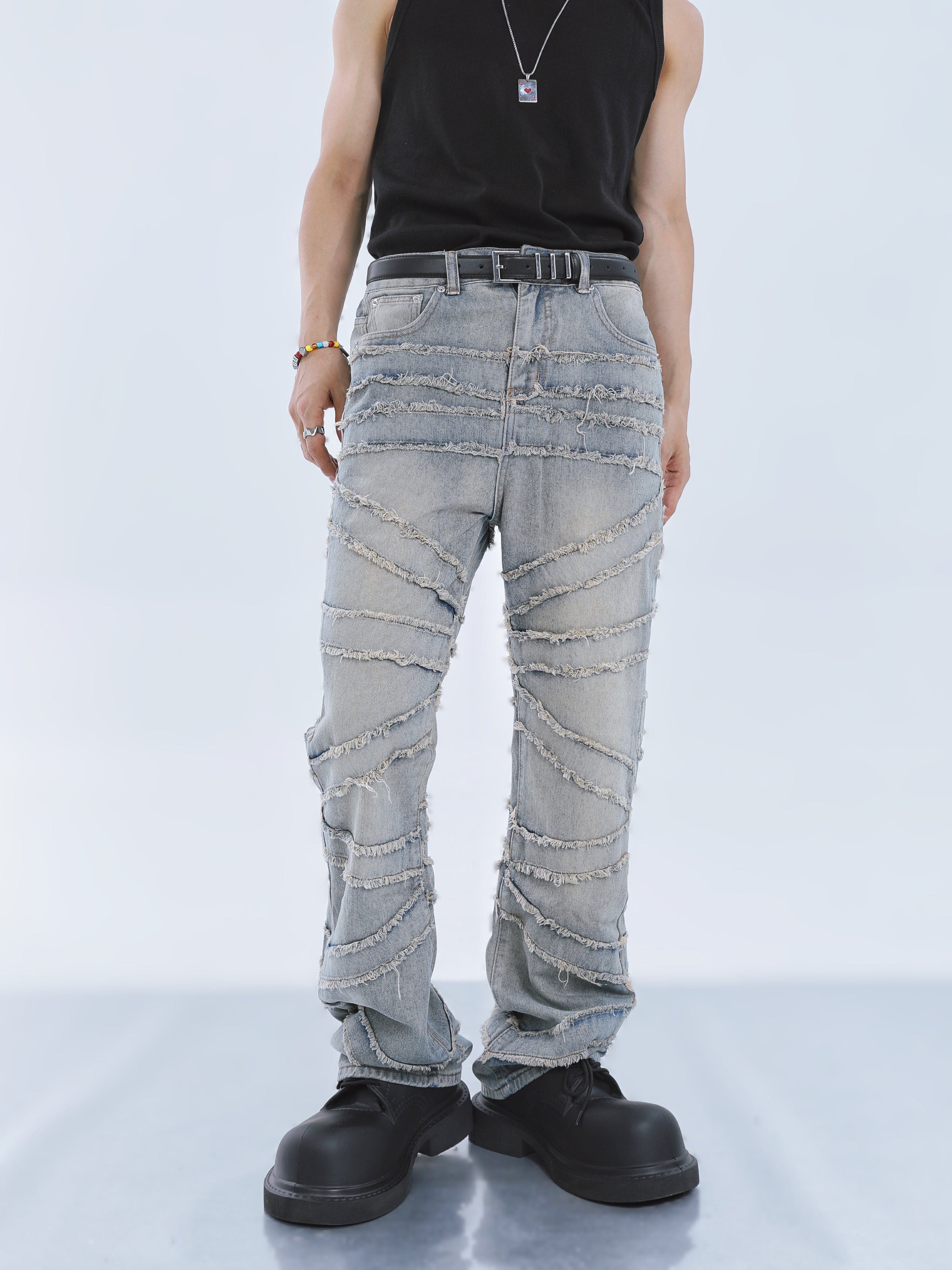 【23s September.】Fringed Raw Edge Loose Straight Jeans-IYAMIUIO