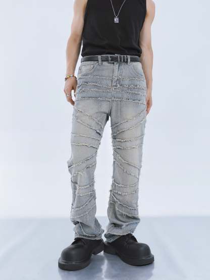 【23s September.】Fringed Raw Edge Loose Straight Jeans-IYAMIUIO