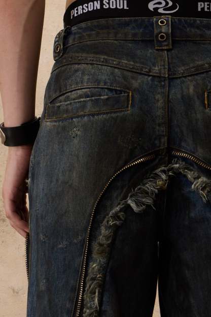 Personsoul Aliens Dirty Ripped Denim Jeans-IYAMIUIO