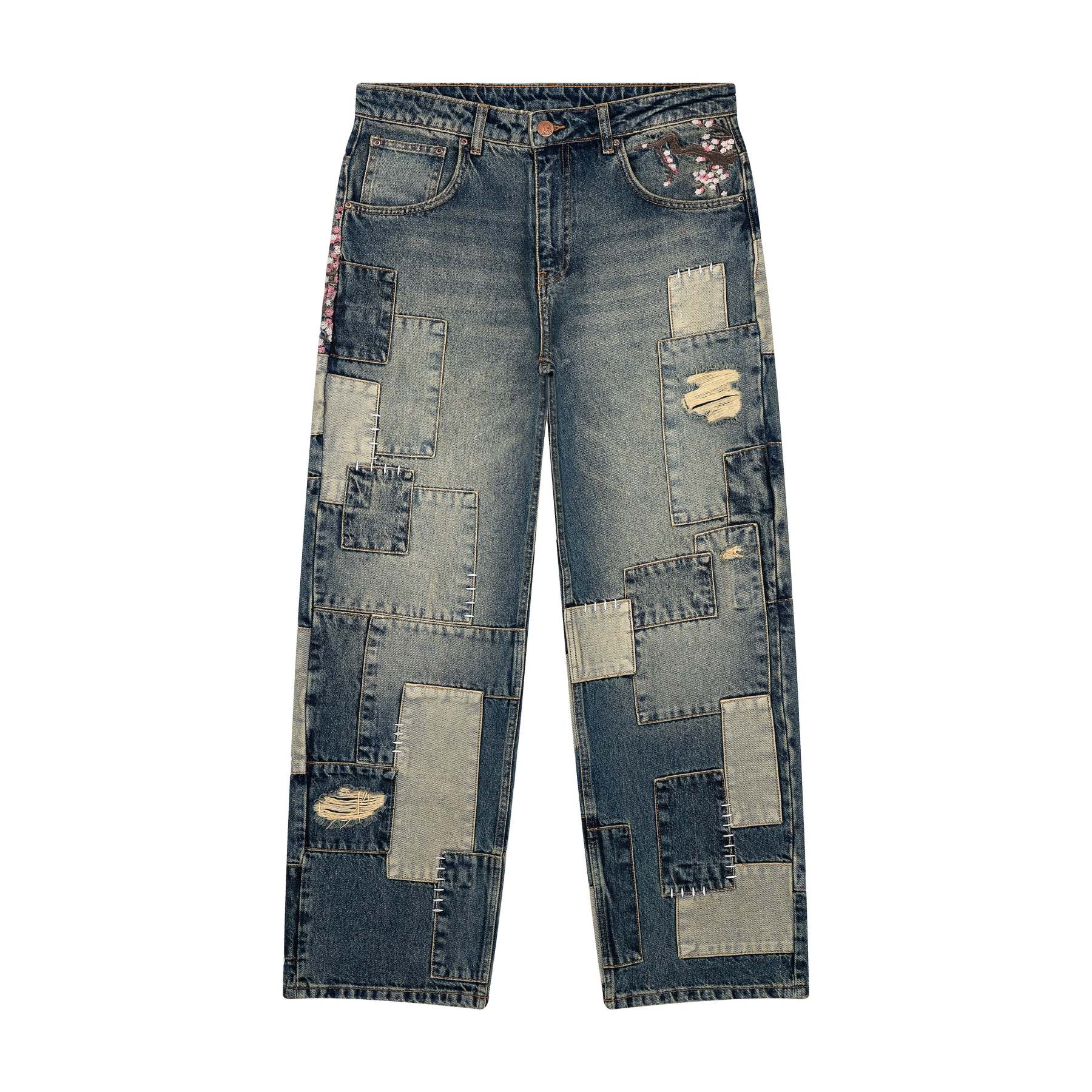 “sashiko v2” embroidered patchwork jeans-IYAMIUIO