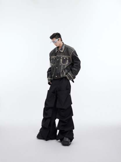 【24s February.】Retro Distressed Leather Jacket with Shoulder Pads-IYAMIUIO