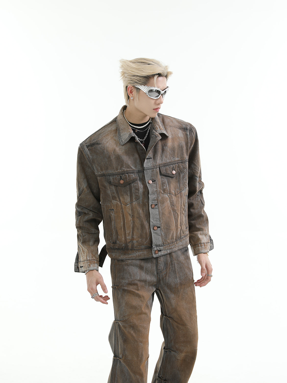 【24s Aug.】Mud-dyed Distressed Denim Shoulder Pad Jacket and Jeans Set-IYAMIUIO