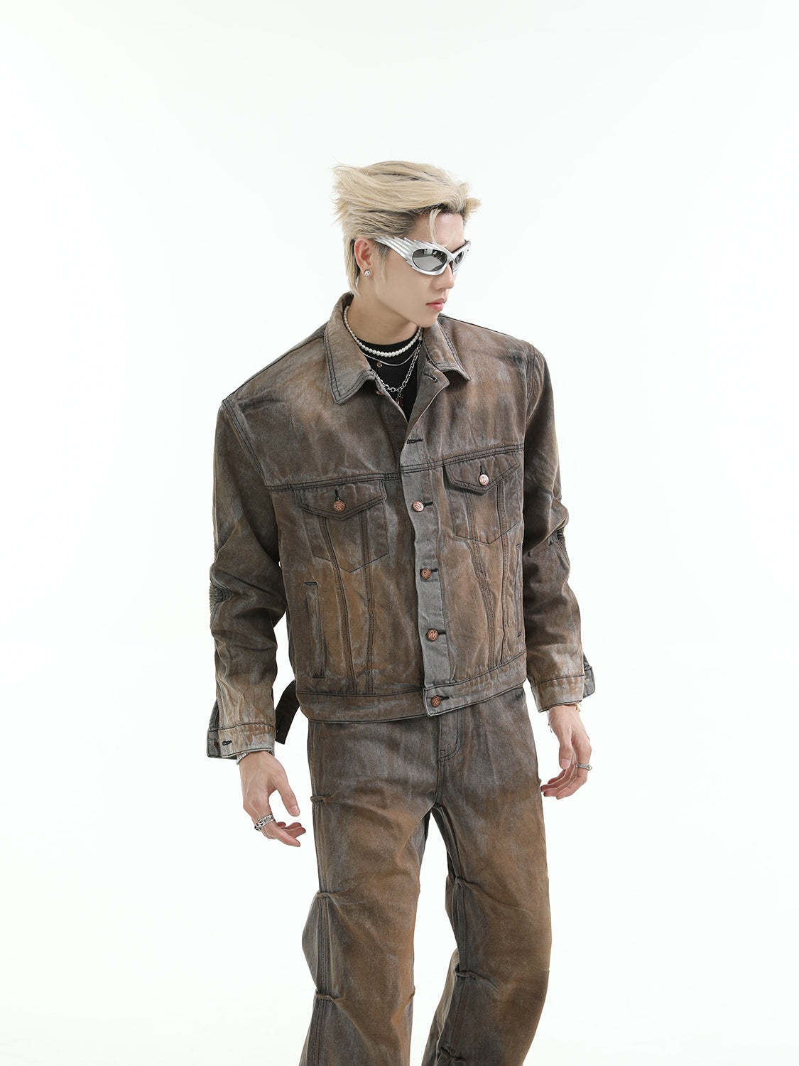 【24s Aug.】Mud-dyed Distressed Denim Shoulder Pad Jacket and Jeans Set-IYAMIUIO