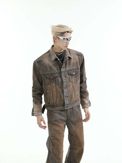 【24s Aug.】Mud-dyed Distressed Denim Shoulder Pad Jacket and Jeans Set-IYAMIUIO