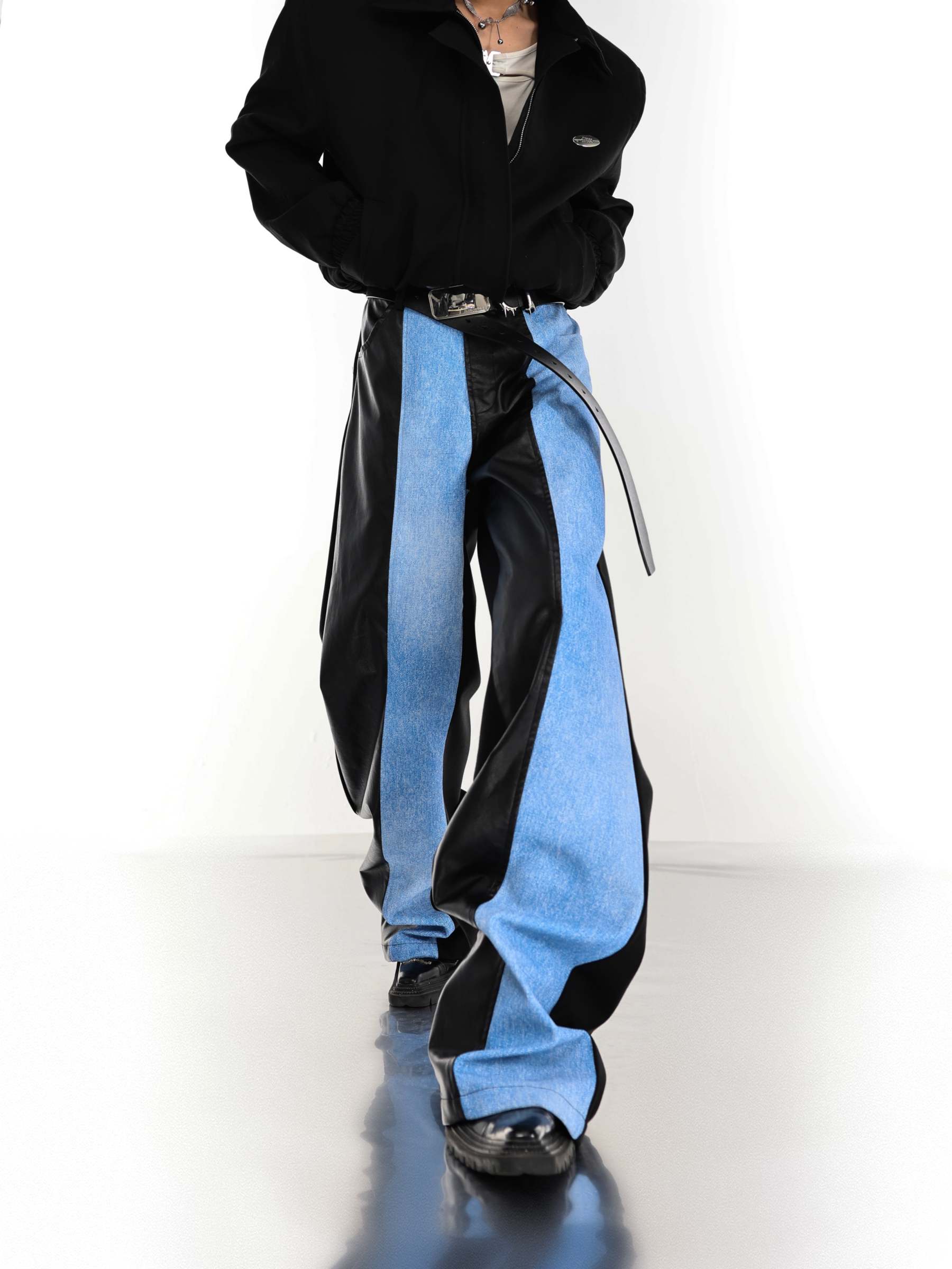 【23s July.】PU Leather Blue Black Trousers-IYAMIUIO