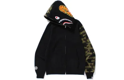 A Bathing Ape Shark Camo Sleeve Full Zip Hoodie 'Black' 1D20-115-607