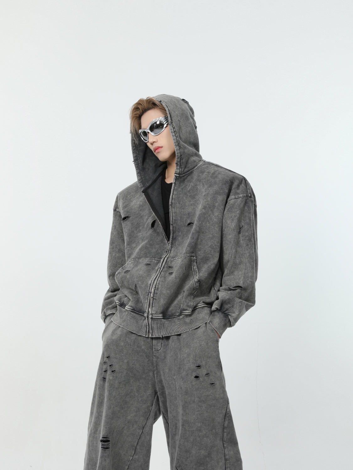 【24s March.】Destroyed Washed Distressed Hooded Cardigan Baggy Pants Suit-IYAMIUIO