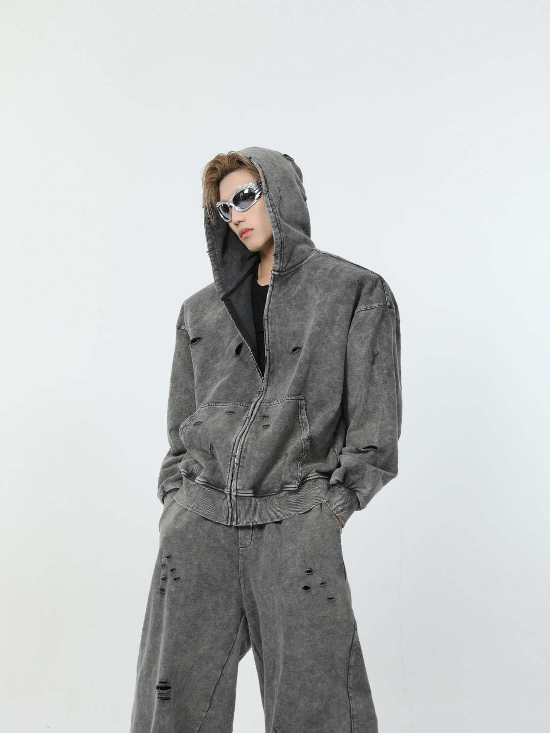 【24s March.】Destroyed Washed Distressed Hooded Cardigan Baggy Pants Suit-IYAMIUIO