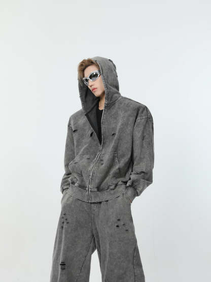 【24s March.】Destroyed Washed Distressed Hooded Cardigan Baggy Pants Suit-IYAMIUIO
