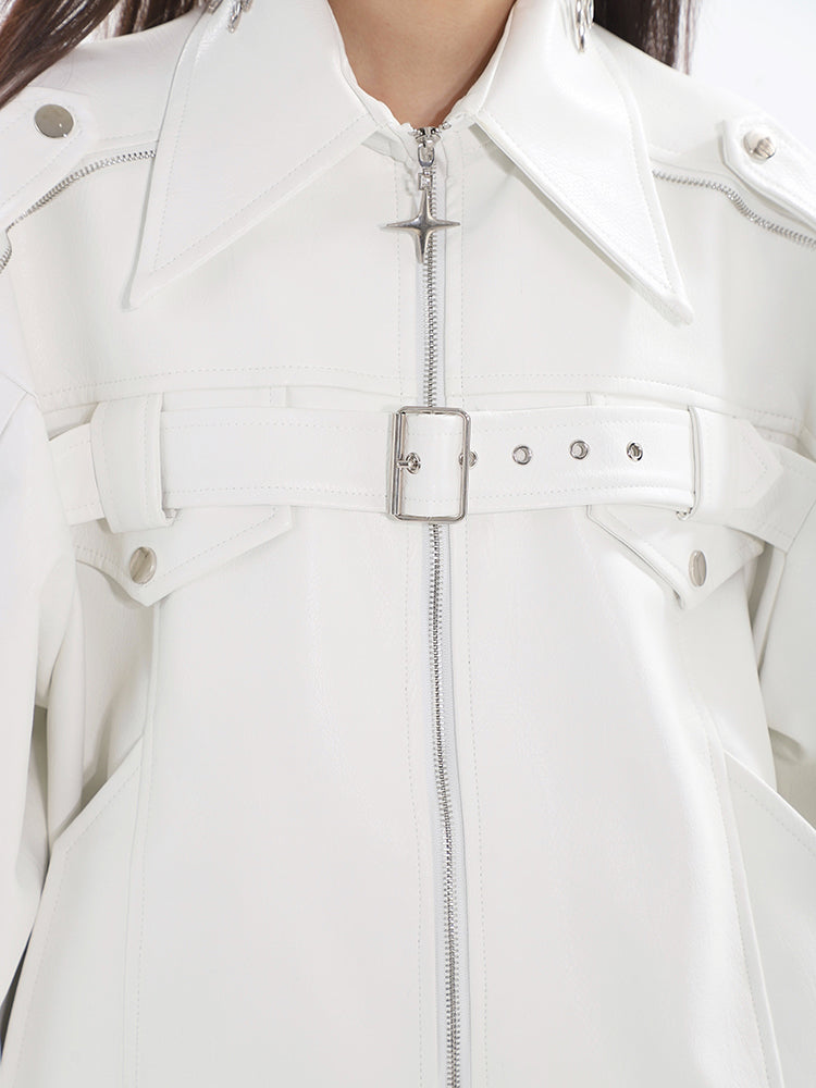 【23s August.】Minimalist Metallic Leather Jacket-IYAMIUIO