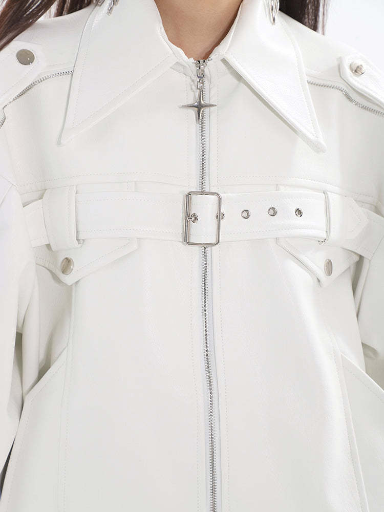 【23s August.】Minimalist Metallic Leather Jacket-IYAMIUIO