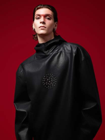 【24s Oct.】Metal Rivet Punk PU Leather Hoodie-IYAMIUIO