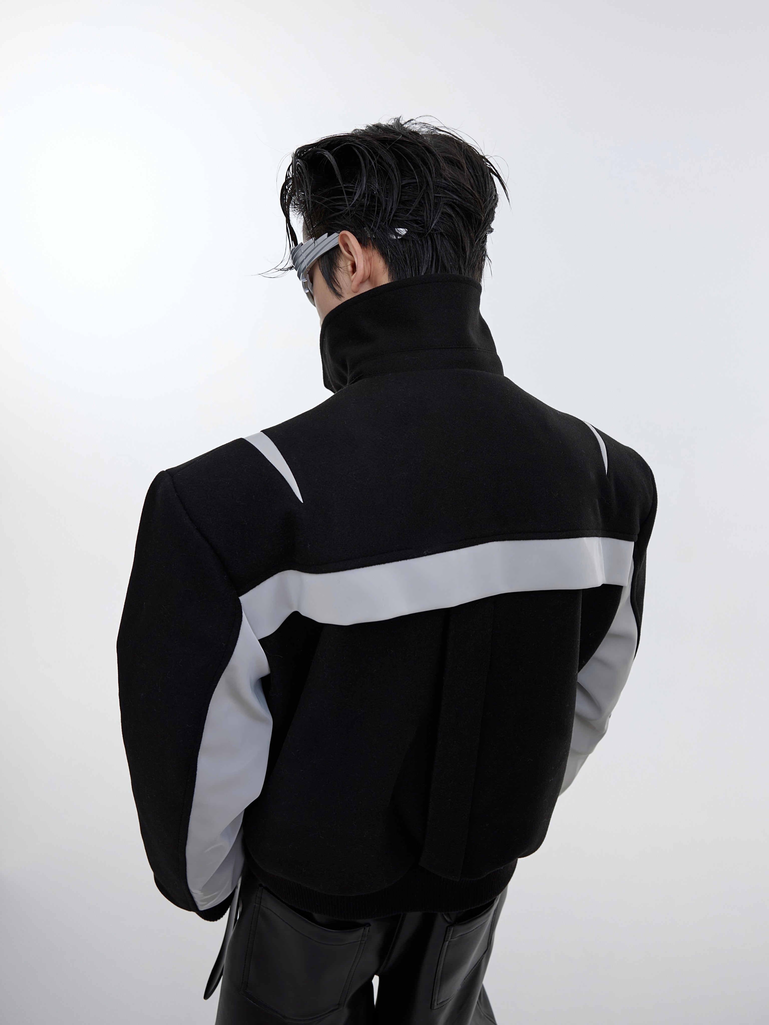 【23s November.】Deconstructed Split Glossy PU Leather Patchwork Woolen Jacket-IYAMIUIO