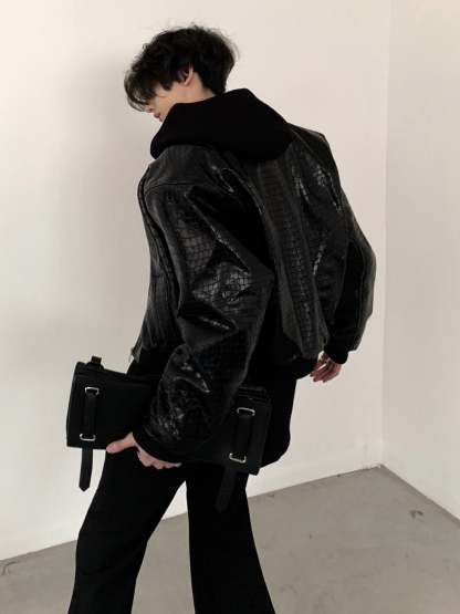 【23s November.】Crocodile Pattern Shoulder Pad Pu Leather Jacket-IYAMIUIO