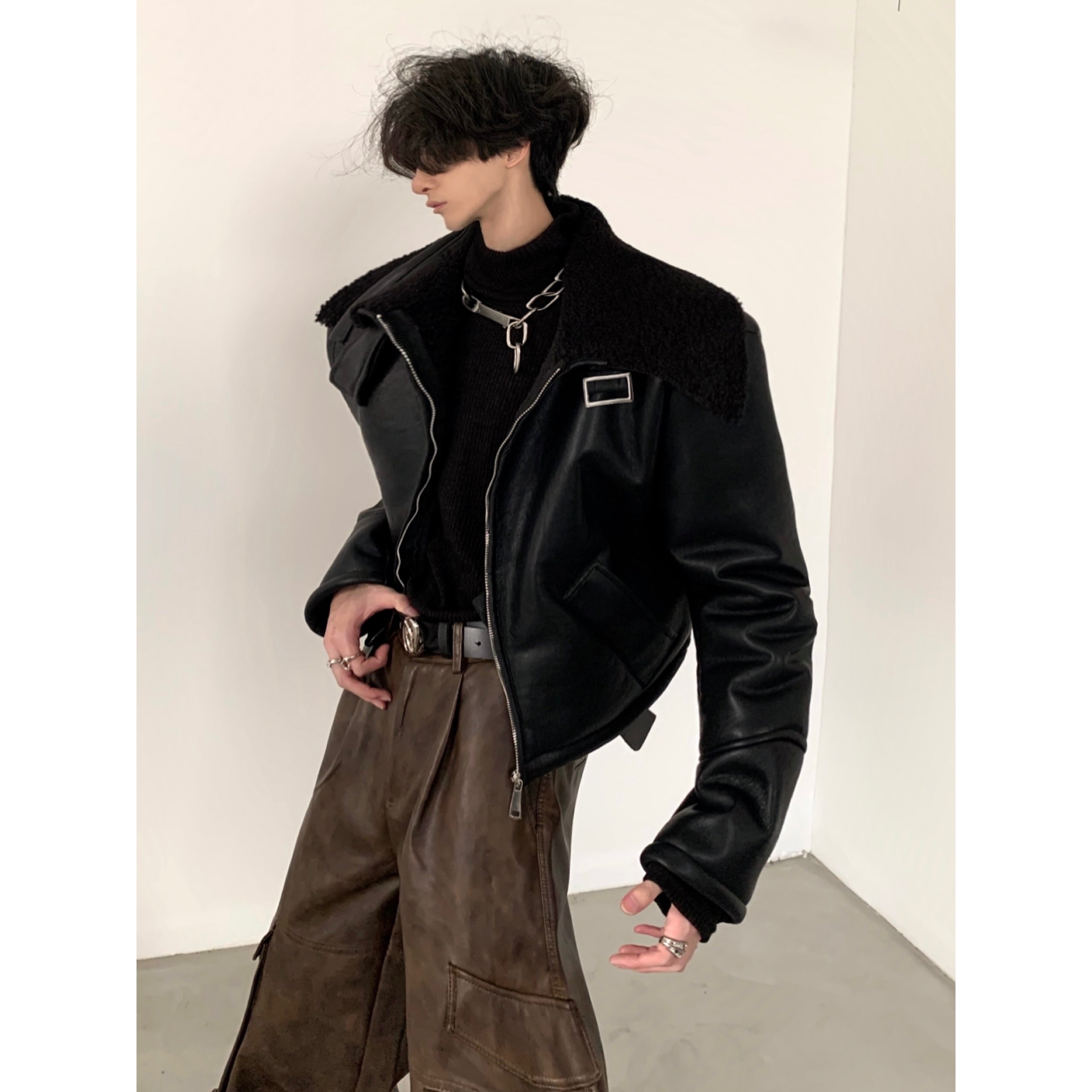 【23s November.】Short Silhouette Black Fur All-in-one Jacket-IYAMIUIO
