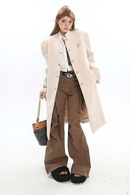 【23s December.】Long Woolen Coat with Metal Buckles-IYAMIUIO