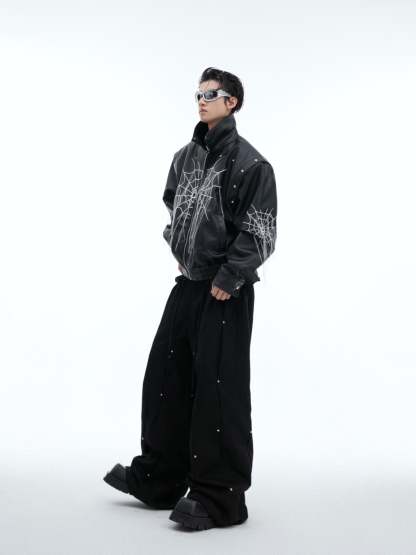 【24s Sep.】Spiderweb Metal Studded Tassel Leather Jacket-IYAMIUIO