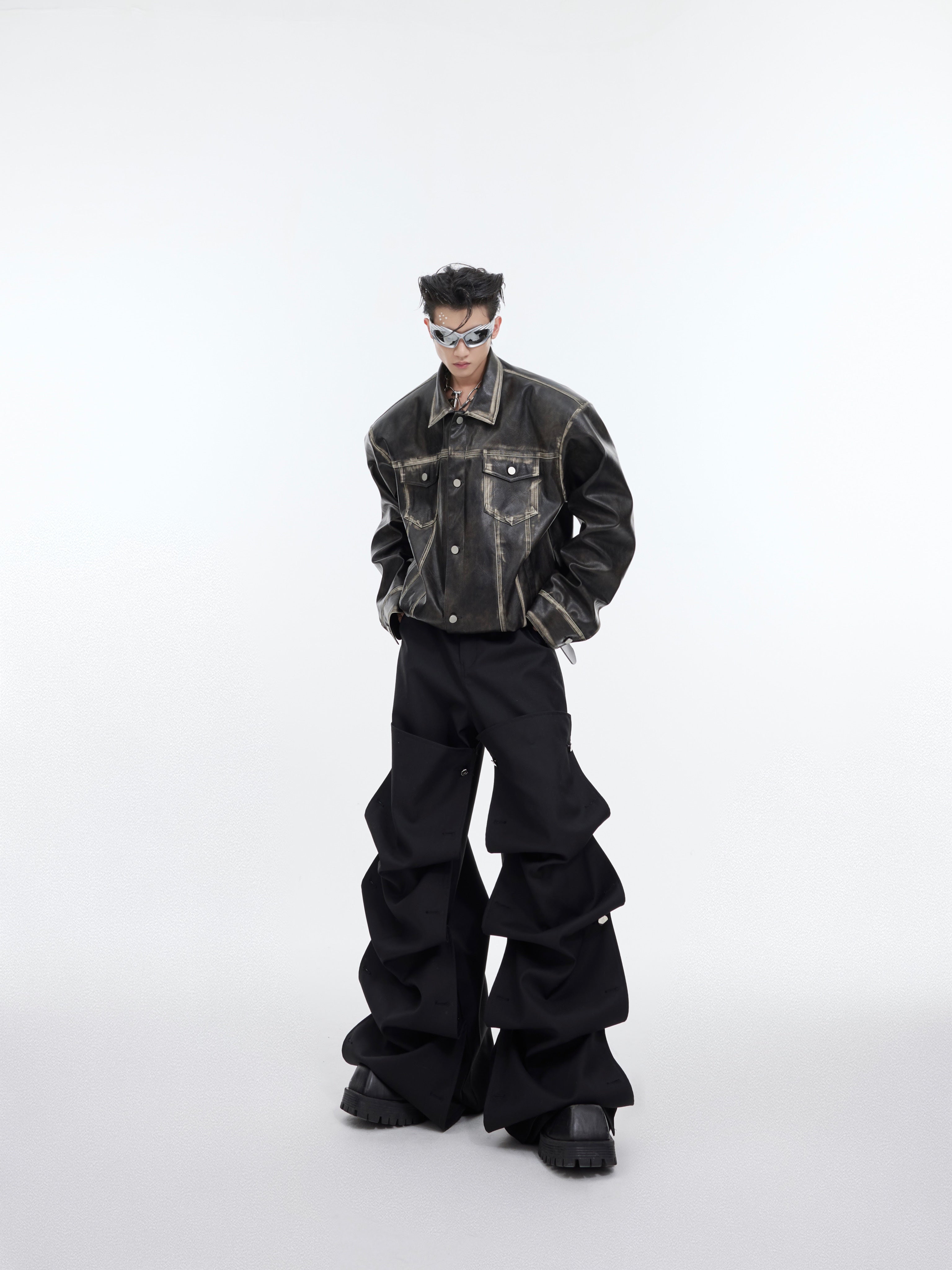 【24s February.】Retro Distressed Leather Jacket with Shoulder Pads-IYAMIUIO