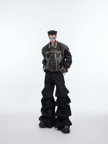 【24s February.】Retro Distressed Leather Jacket with Shoulder Pads-IYAMIUIO