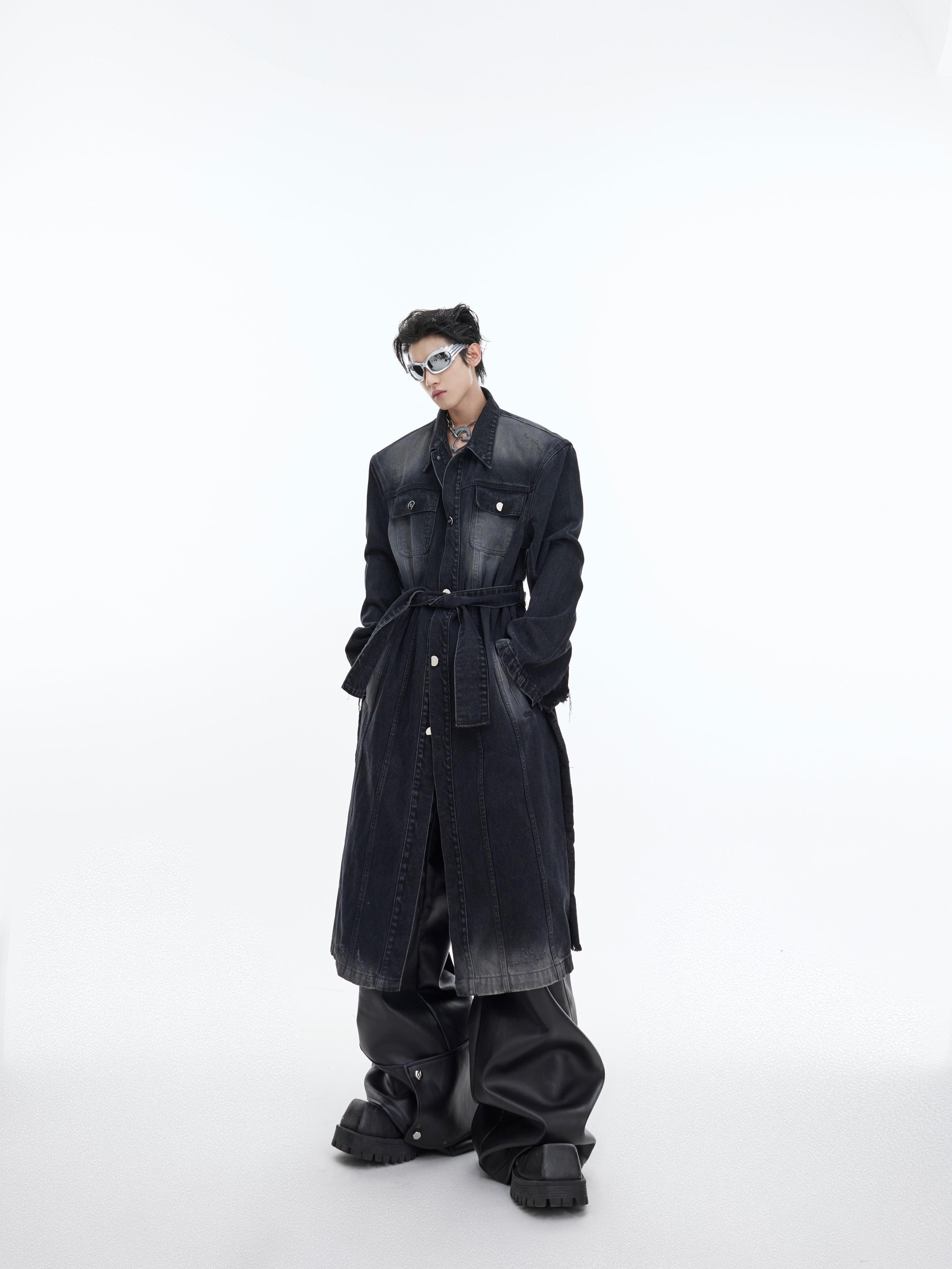 【23s November.】Distressed Washed Silhouette Long Denim Jacket-IYAMIUIO