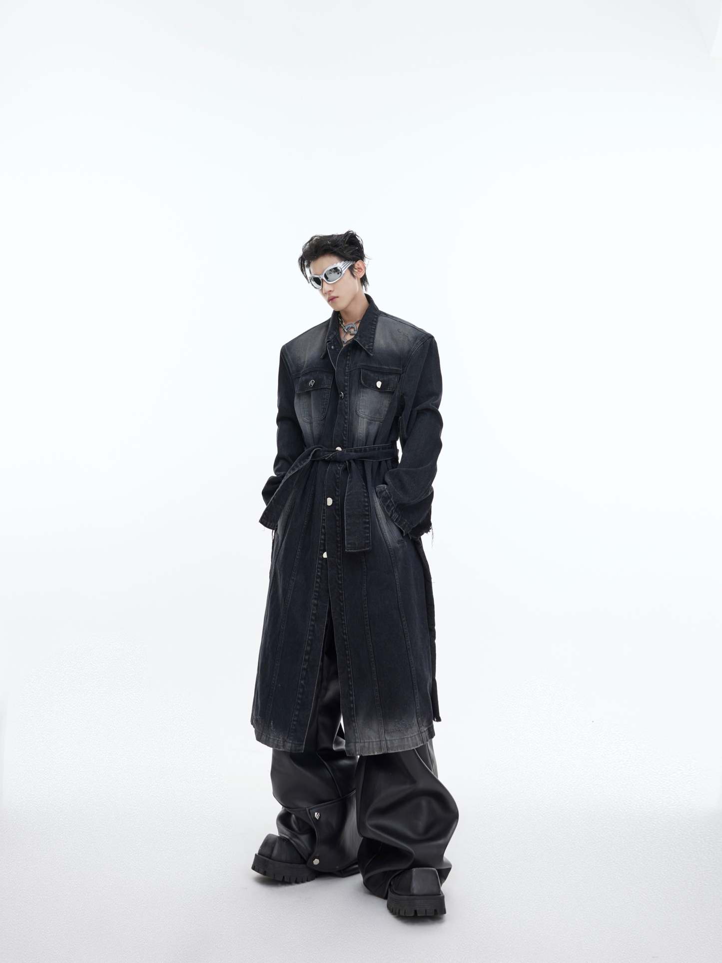 【23s November.】Distressed Washed Silhouette Long Denim Jacket-IYAMIUIO