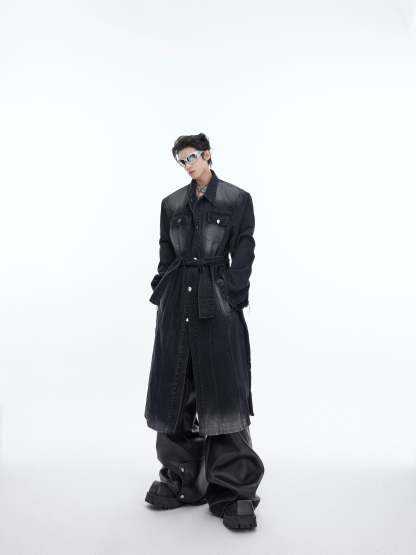 【23s November.】Distressed Washed Silhouette Long Denim Jacket-IYAMIUIO