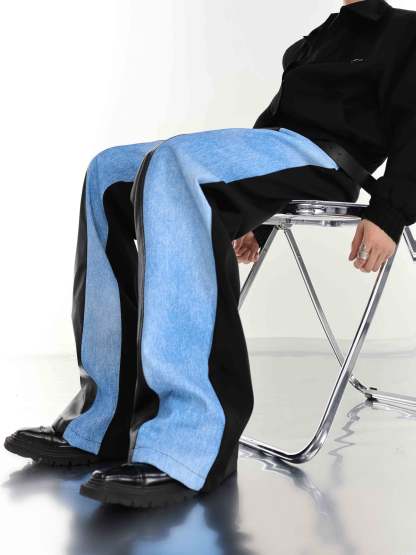 【23s July.】PU Leather Blue Black Trousers-IYAMIUIO