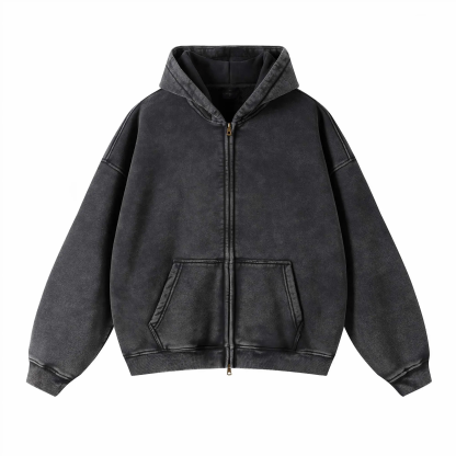 Loose Fit Washed Zip Up Hoodie-IYAMIUIO