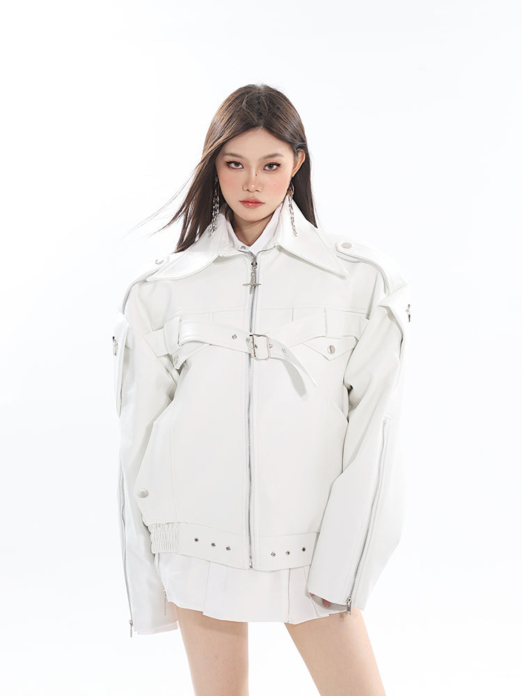 【23s August.】Minimalist Metallic Leather Jacket-IYAMIUIO
