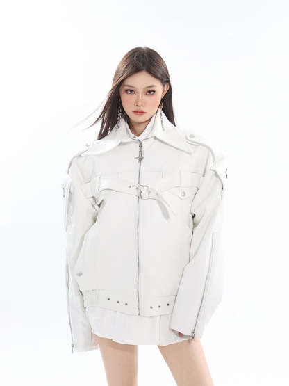 【23s August.】Minimalist Metallic Leather Jacket-IYAMIUIO