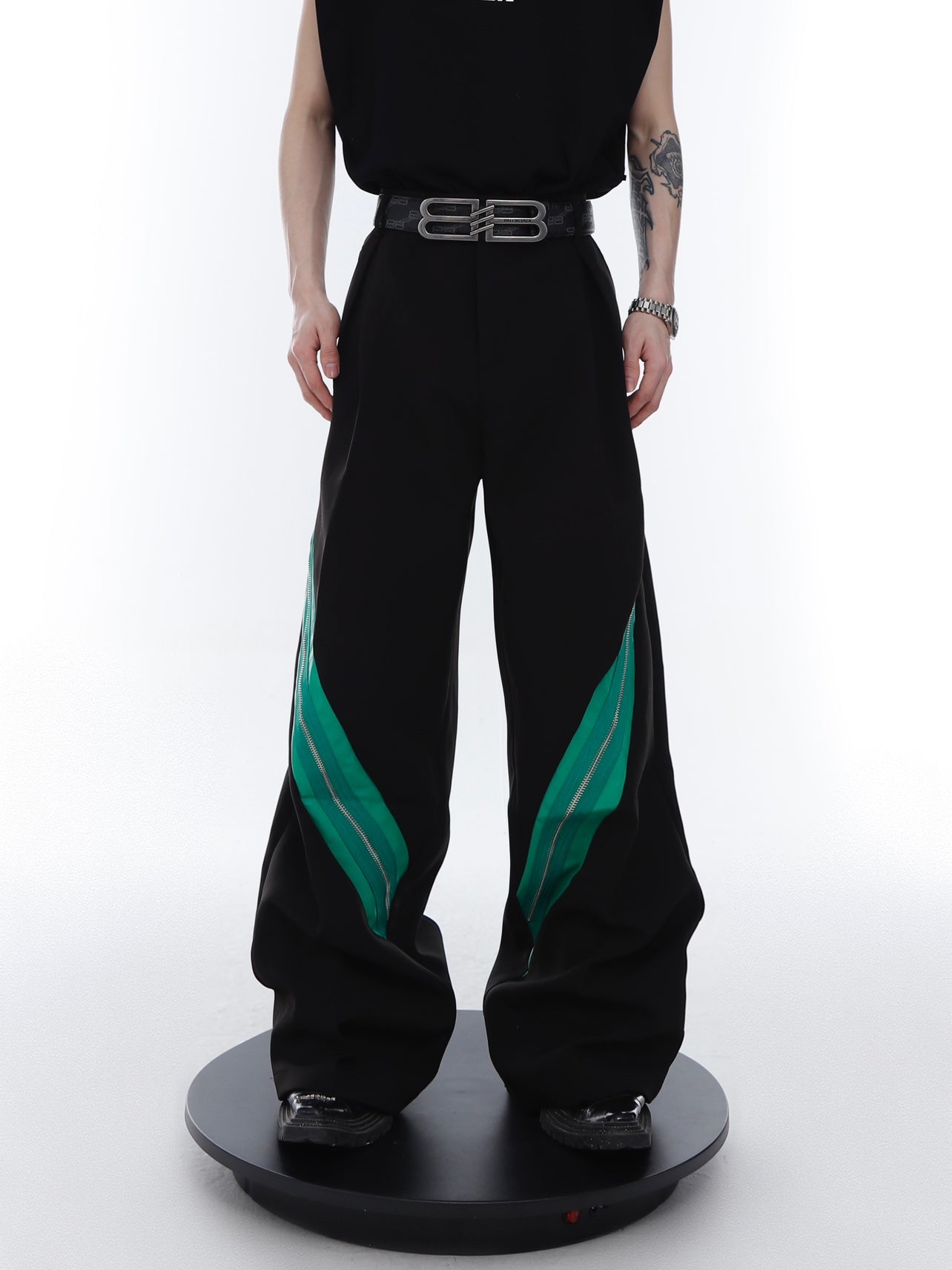 Zipper Contrast Color Stitching Trousers-IYAMIUIO