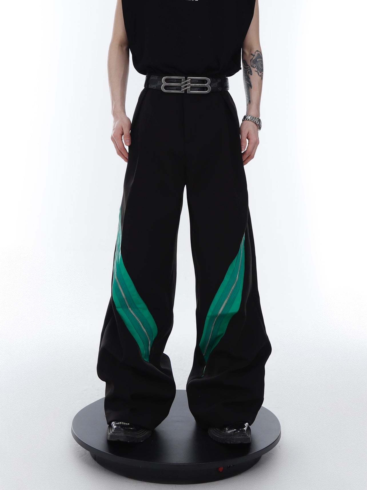 Zipper Contrast Color Stitching Trousers-IYAMIUIO