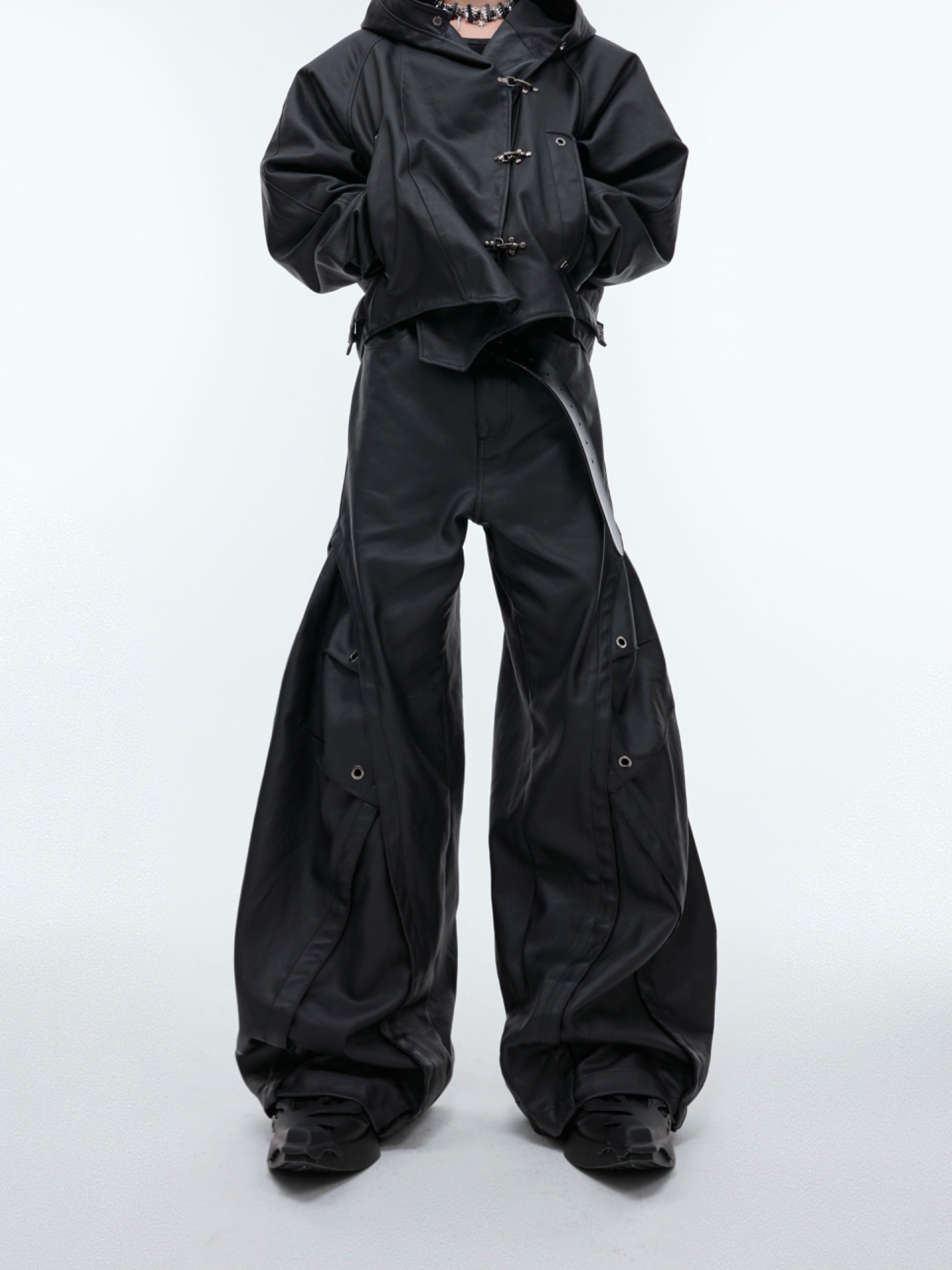 【24s Sep.】Hooded Leather Jacket with Metal Button Detail-IYAMIUIO