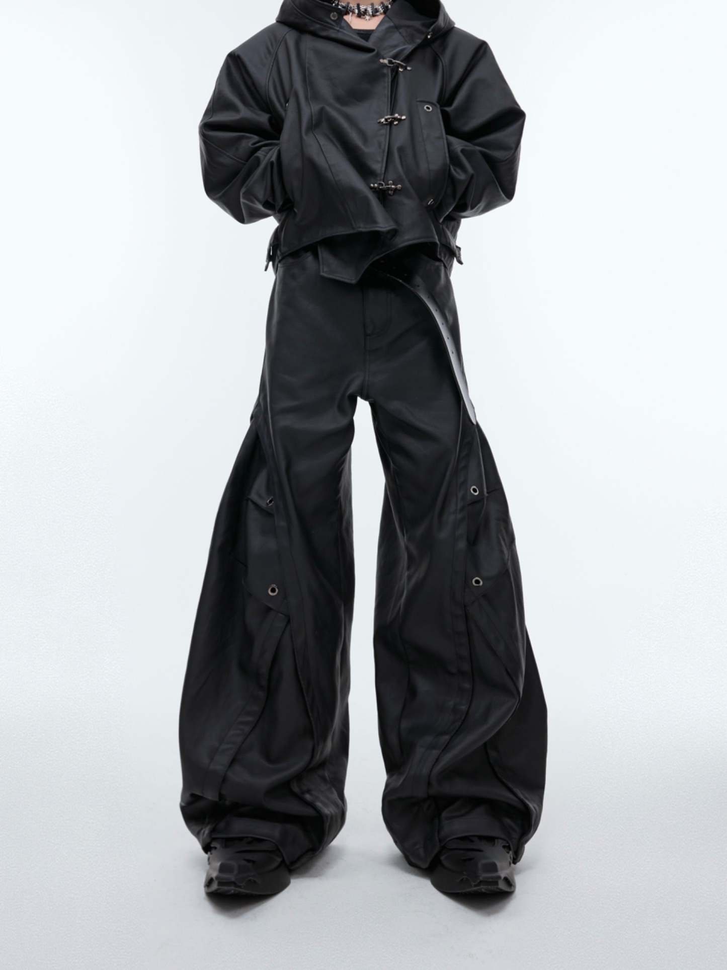 【24s Sep.】Hooded Leather Jacket with Metal Button Detail-IYAMIUIO