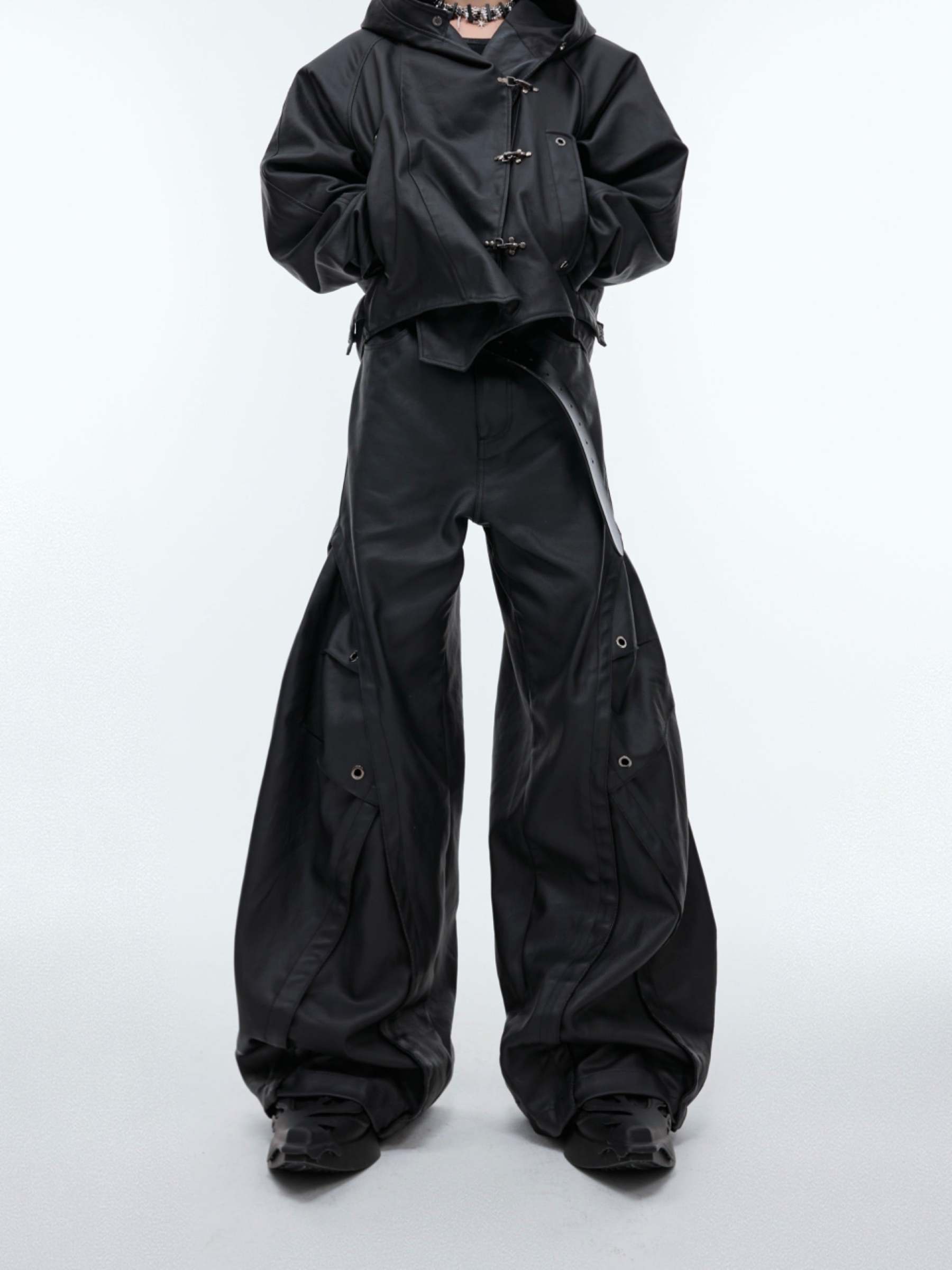 【24s Sep.】Hooded Leather Jacket with Metal Button Detail-IYAMIUIO