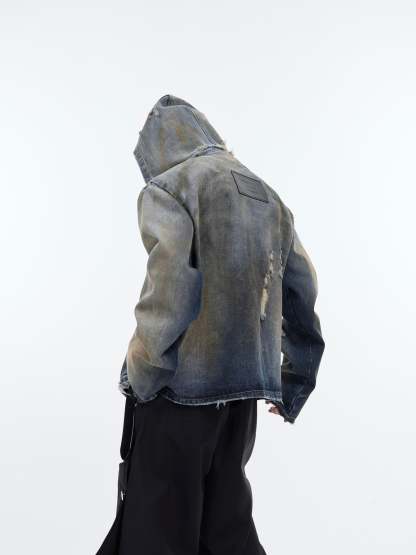 【24s January.】Retro Distressed Hooded Denim Jacket-IYAMIUIO