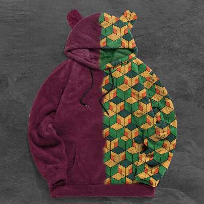 Retro color block trendy brand print plush hoodies-IYAMIUIO